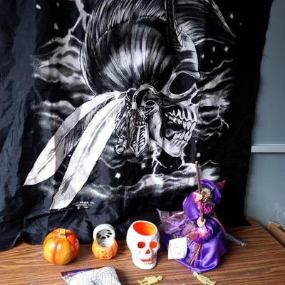 SCARY SKULL SCARF, WITCH WITH A WICKED LAUGH AND CANDLE HOLDERS