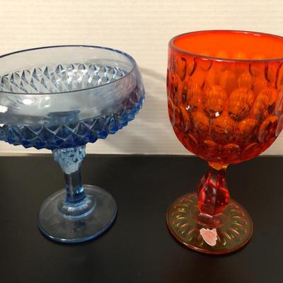 MCM Fenton Amberina Glass Goblet & Blue Diamond Cut Goblet