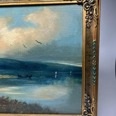 Vintage Oil Painting Impressionist Landscape Nature Coast Soft Scenery in Art Deco Style Frame