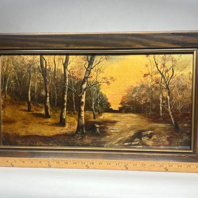 Vintage Autumn Cold Warm Tone Oil Painting Nature Scenery Wide Rectangle Framed Art Piece