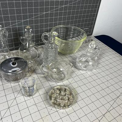 Clear Glass Cruet Bowls, Flower Frog