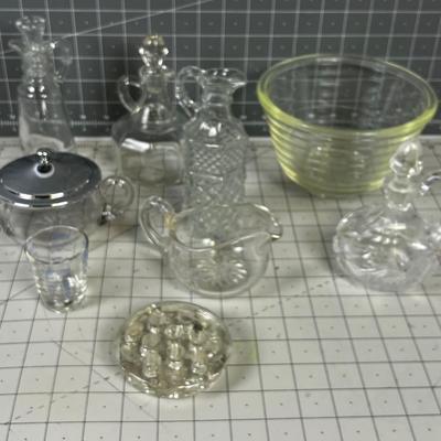 Clear Glass Cruet Bowls, Flower Frog