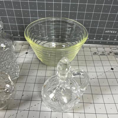 Clear Glass Cruet Bowls, Flower Frog