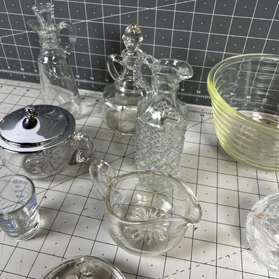 Clear Glass Cruet Bowls, Flower Frog