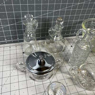 Clear Glass Cruet Bowls, Flower Frog
