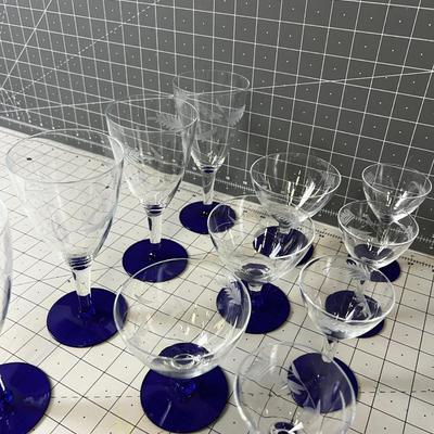 Partial Set of Blue Stemware 11 Pieces