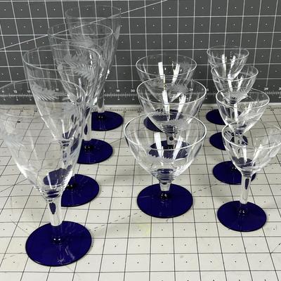 Partial Set of Blue Stemware 11 Pieces