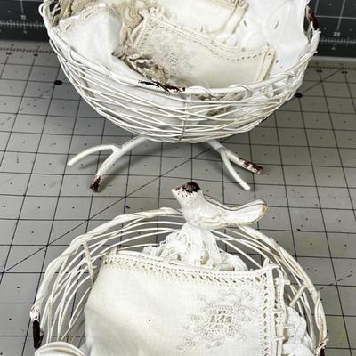 2 Little Bird Baskets with Dainty Hankies 