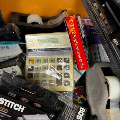 Super Tray of Office Items: Calculator, Plug Bar, Tape, Stapler