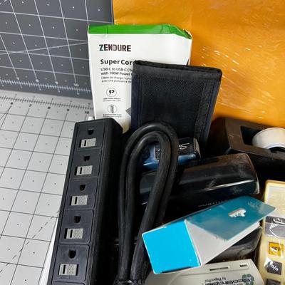 Super Tray of Office Items: Calculator, Plug Bar, Tape, Stapler