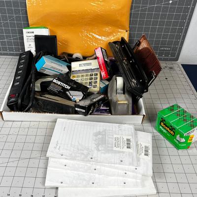 Super Tray of Office Items: Calculator, Plug Bar, Tape, Stapler