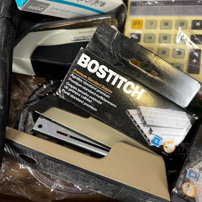 Super Tray of Office Items: Calculator, Plug Bar, Tape, Stapler