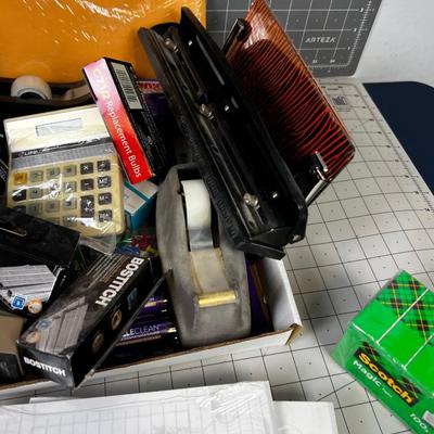 Super Tray of Office Items: Calculator, Plug Bar, Tape, Stapler