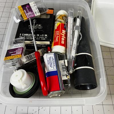 Drawer Cleanout tub; Flashlight, Candle, Thermometer