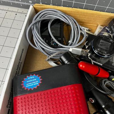 Tray full of Camera, Stop Watch, Cables etc. 