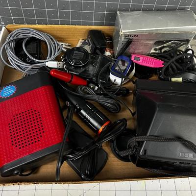 Tray full of Camera, Stop Watch, Cables etc. 