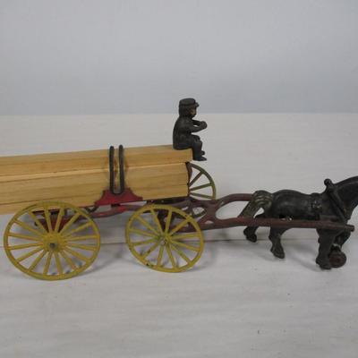 Vintage Kenton Cast Iron Dray Wagon with Driver & Wood Blocks with Driver