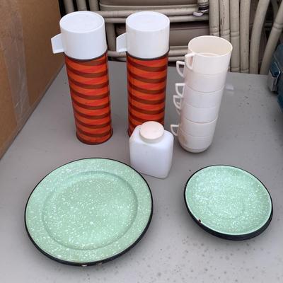 326 Vintage Aladdin Thermos with Cups & Enamelware Plates
