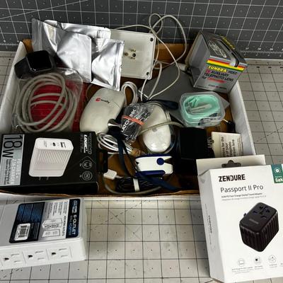 Tray of Electronics; Oximeter, Cables Computer Mouse Watch.