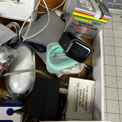 Tray of Electronics; Oximeter, Cables Computer Mouse Watch.