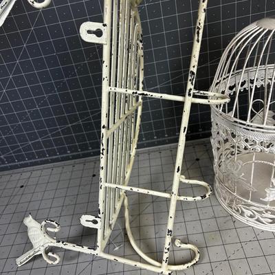 2 White Metal Shelf and Bird Cage