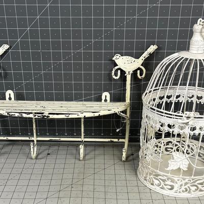 2 White Metal Shelf and Bird Cage