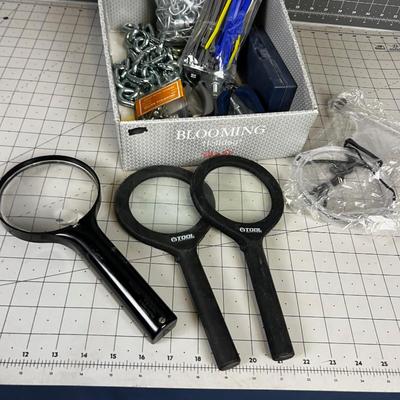 Misc. Garage Items: Chain, Magnifying Glass, Plyers