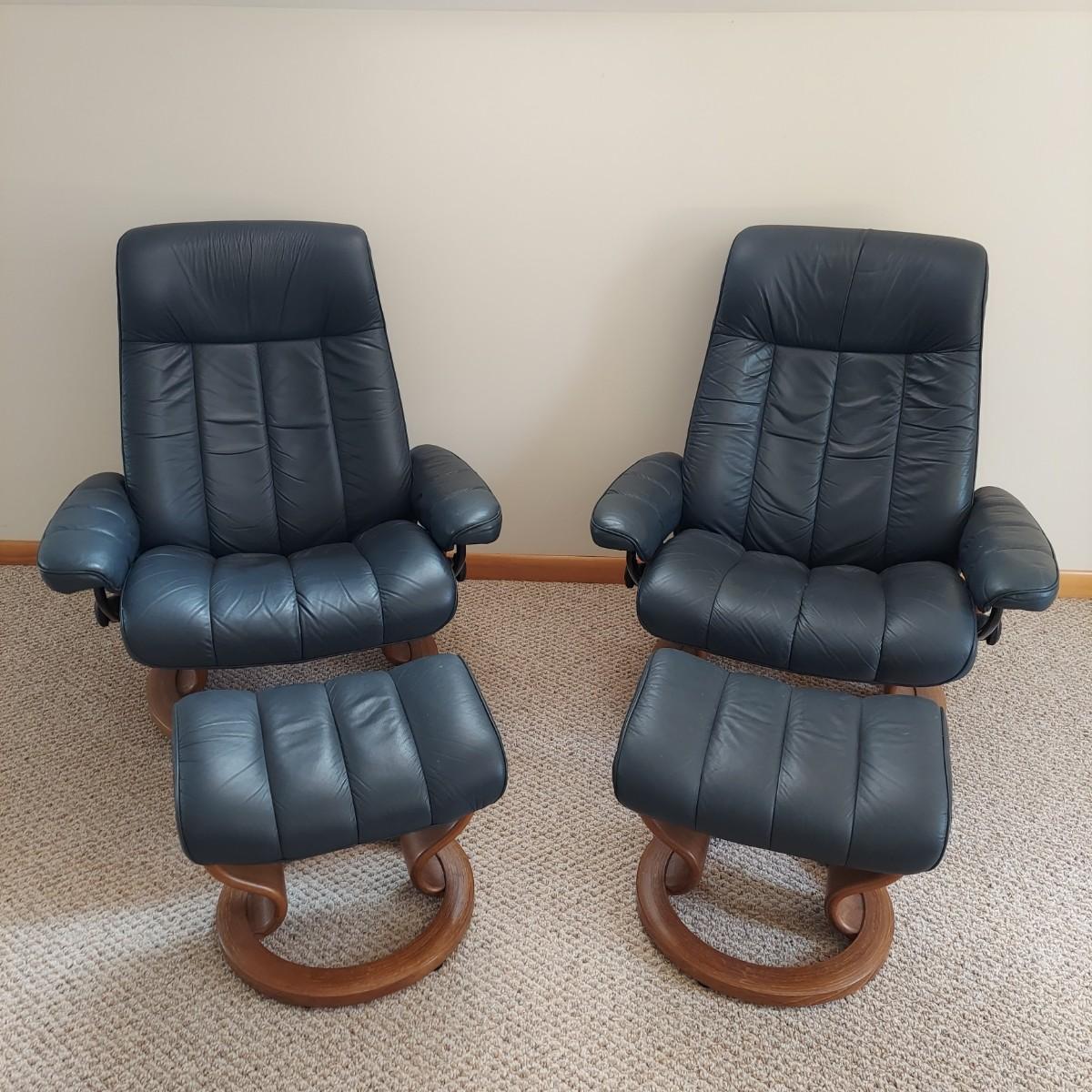 Two Leather J. E. Ekornes Lounge Chairs with Ottoman (URBBL