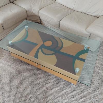 Artist Signed Wood and Glass Coffee Table (UR-BBL)