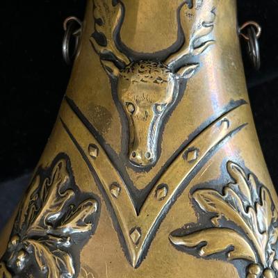 19th C Buffalo Hunt High Relief Brass Powder Flask