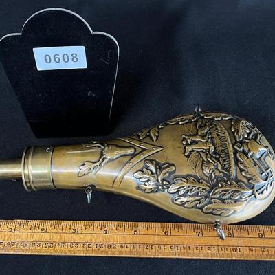19th C Buffalo Hunt High Relief Brass Powder Flask