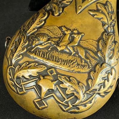 19th C Buffalo Hunt High Relief Brass Powder Flask