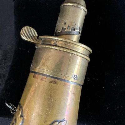 19th C Buffalo Hunt High Relief Brass Powder Flask