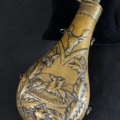 19th C Buffalo Hunt High Relief Brass Powder Flask