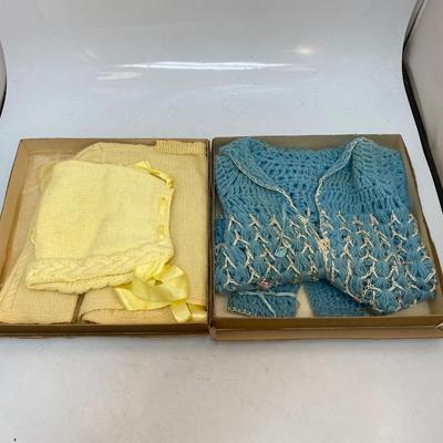 Lot of Two Vintage Knit Crochet Baby Infant Clothes Sweaters Hat Blue & Yellow