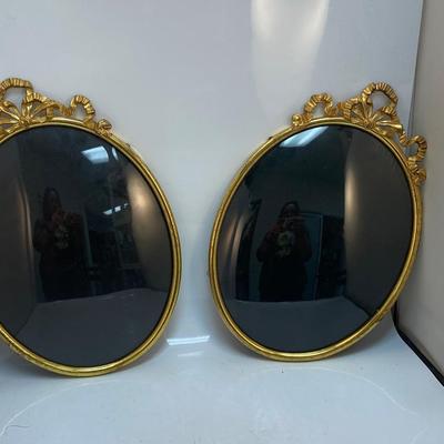 Pair of Vintage Oval Brass Frame Bubble Convex Curves Glass Picture Photo Frames