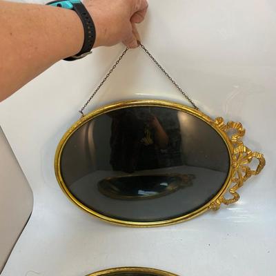 Pair of Vintage Oval Brass Frame Bubble Convex Curves Glass Picture Photo Frames