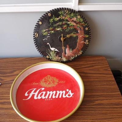 HAMM'S TIN TRAY AND PAINTED SAW CLOCK