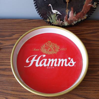 HAMM'S TIN TRAY AND PAINTED SAW CLOCK