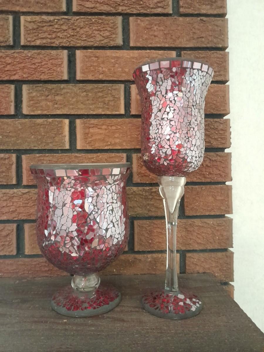 Two beautiful red mirrored crackle glass candle holders