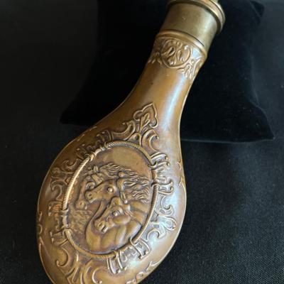 19th C Beautifully Decorated Powder Flask with Horses