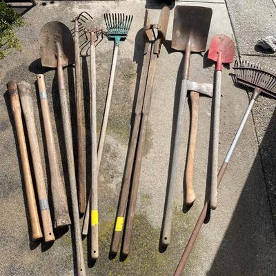 Garden Tool Lot Shovels Rakes Post Digger Axe - ARCADIA