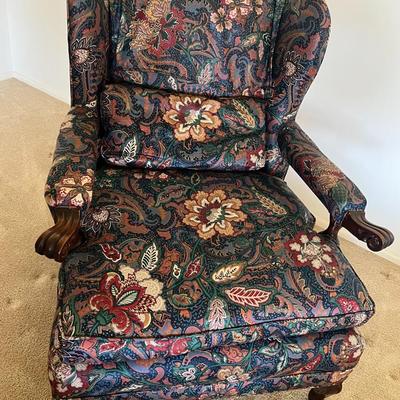 Vintage Floral Paisley Upholstered Wingback Chair and Matching Ottoman - ARCADIA