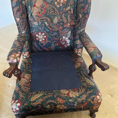 Vintage Floral Paisley Upholstered Wingback Chair and Matching Ottoman - ARCADIA