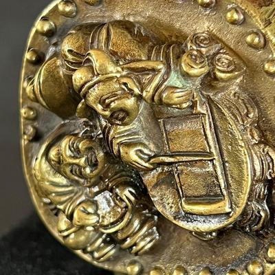 Unusual Cast Brass Snuff Bottle w Figures Reading