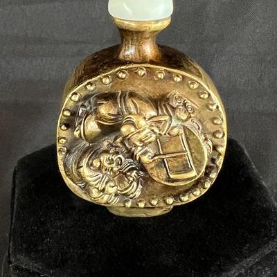 Unusual Cast Brass Snuff Bottle w Figures Reading