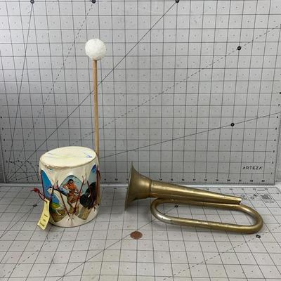 #80 Genuine Native Handcrafted Drum and Toy Horn