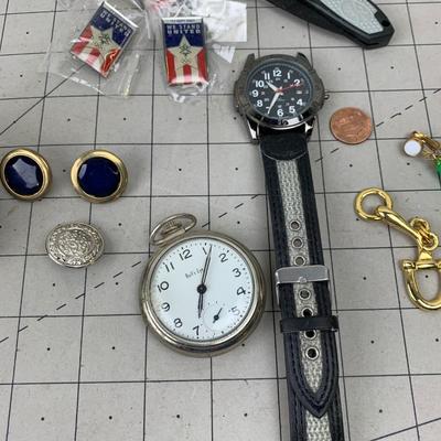 #136 Cufflings, Pocket Knife, Bullâ€™s Eye Pocket Watch, Golden Key and Pins