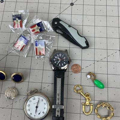 #136 Cufflings, Pocket Knife, Bullâ€™s Eye Pocket Watch, Golden Key and Pins