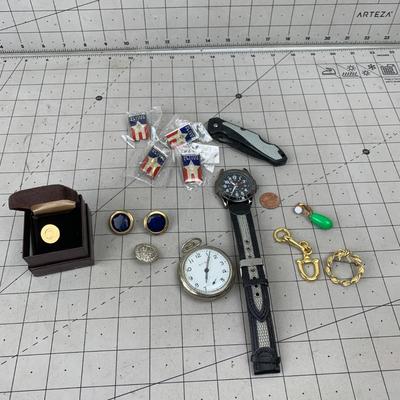 #136 Cufflings, Pocket Knife, Bullâ€™s Eye Pocket Watch, Golden Key and Pins